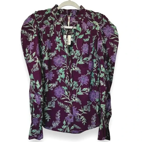 Free People Meant to Be Floral Puff Sleeve Button Up Blouse Top NWT‎ - Picture 3 of 13